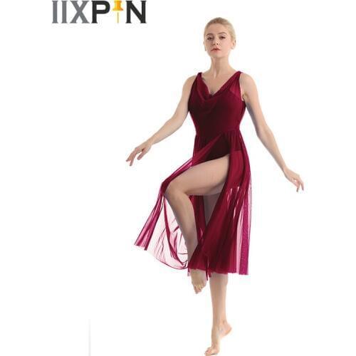 Women ballet lyrical dance costume gymnastic leotard Mesh Split Front Built In Shelf Bra Leotard Ballet dance Dress Bodysuit