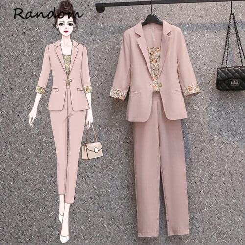Women Blazer Work Suit Noted Jacket Coat Top And Floral Vest And Pant Three Piece Office Lady Matching Set Summer Pink Clothing