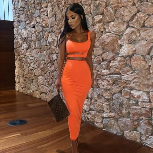 Off Shoulder Two Piece Suits Women Solid Hollow Out Spaghetti Strap Sleeveless Top High Waist Sheath Long Skirt Sexy Club Sets