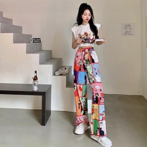 Women Summer Two Piece Sets Fashion Cartoon Printed Stand Collar Sleeveless Tops + Elastic waistline Wide Leg Long Pants Suit