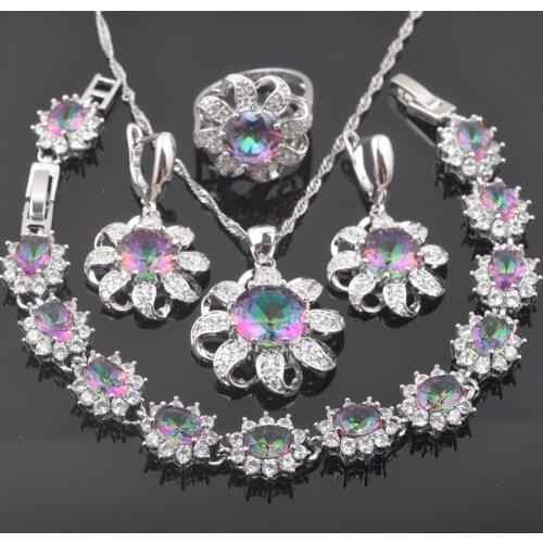 2020 New Rainbow Zircon Silver Color For Women Fashion Jewelry Sets Pendant Necklace Ring Earrings Bracelet QS0577