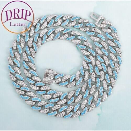 10mm Blue With Silver Color Cuban For Women Necklace Bling Zircon Charm Hip Hop Jewelry