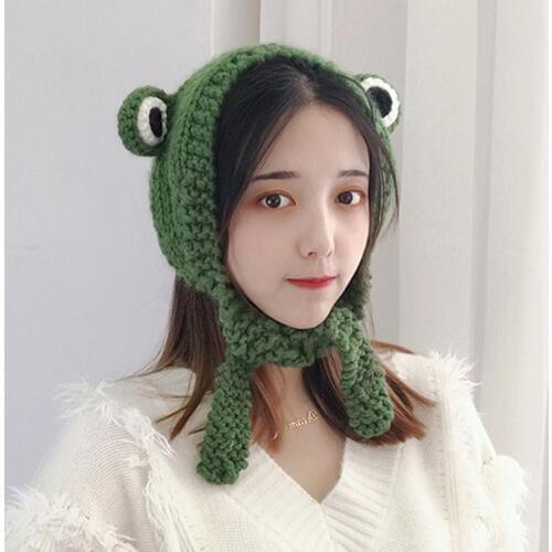 Girl frog Winter Fashion Cute Girl Frog Eyes Solid Color Knitted Ear Cover Earmuff Cap sweet and lovely warm wool Cap Female