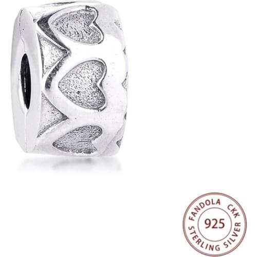 100% Real 925 Sterling Silver Row of Hearts Clip Stopper Charms Beads Fits Original Bracelets Women DIY Jewelry Making Kralen