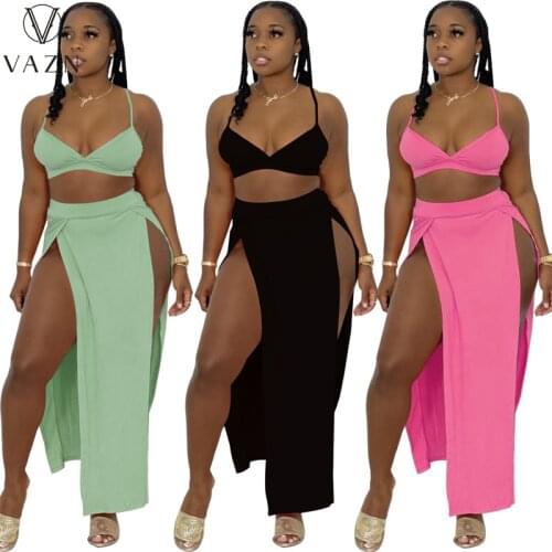 VAZN 2021 INS High Waist Long Style Beach Open Young Sexy Solid Elegant Bikini Top Spit Maxi Skirts Women 2 Piece Set