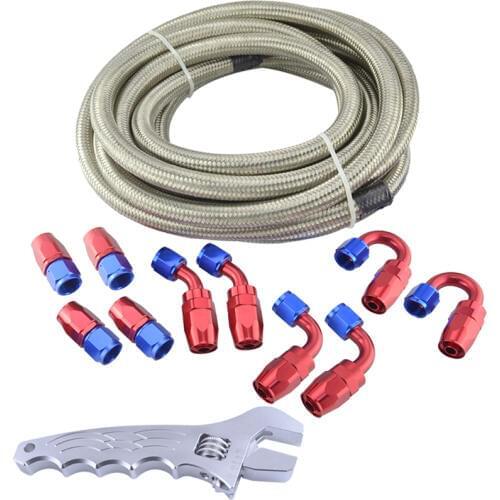 AN4 Double Stainless Steel Braided Oil/Fuel Hose 5m Pipe+0+45+90+180 Degree Fitting Oil Hose End Adaptor Kit With Silver Spanner