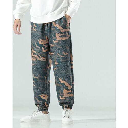 Crane Print Chinese Pants Man Suede Jogger Japanese Streetwear Joggers Men Pants Hip Hop Trousers Men Pants 2020 New FF2963
