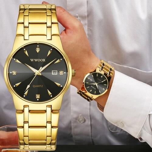WWOOR Mens Watches Top Brand Luxury Gold Black Steel Waterproof Quartz Wrist Watch Fashion Business Clock Male Relogio Masculino