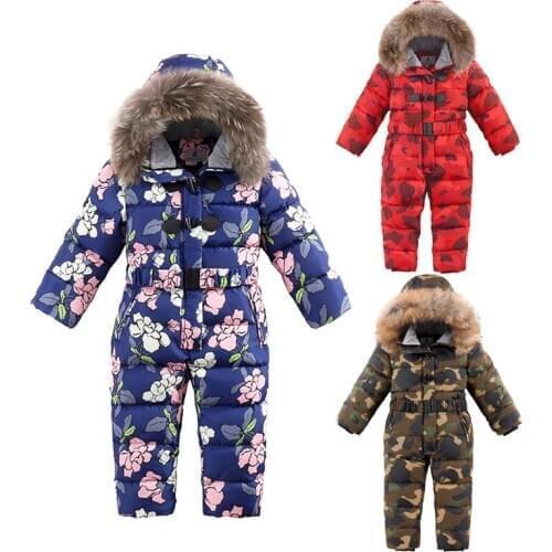 Kids onesie down coat thick fur hooded one piece down jacket for 1-6years child toddler boys girls Winter coat clothes outerwear