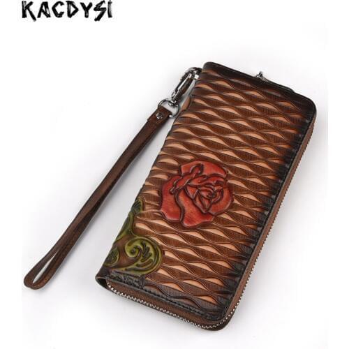 Designer Handmade Embossed Long Style Retro Women Clutch Purse Wristlets Genuine Cow Leather Brush Color Lady Wallets Zipper New
