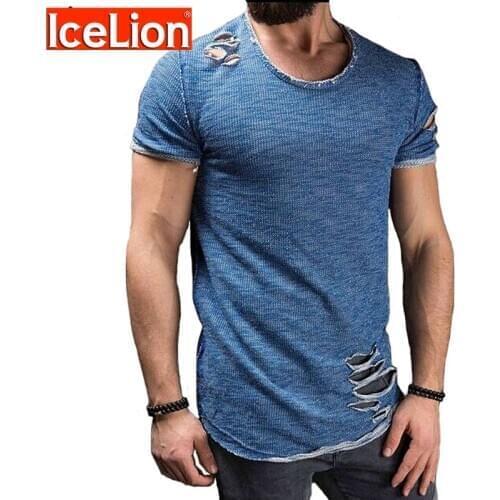 IceLion 2021 Summer Cotton T Shirt Men Fashion Hole Short Sleeve T-shirt Solid Slim Fit O Neck Tops Casual Tshirt DropShipping