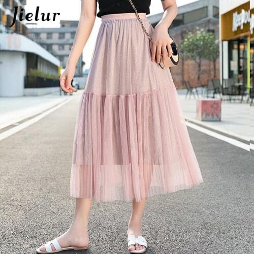Jielur 2020 Summer A-line Skirt Mesh Tulle Skirts Womens Loose Slim Solid Color Chic Elastic Waist Female Jupe Slim Tutu Skirts
