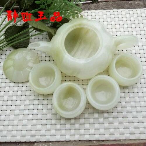 China handmade jade carving natural stone jade teapot and tea cup A set