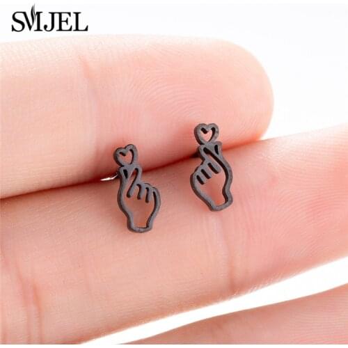 SMJEL Korean Earrings Black Hand Gesture Stainless Steel Earings for Women Girls Show your Love Heart Stud Earrings accessories