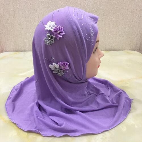 Crystal Hemp One-Piece Muslim Hijab For Kids Pretty Six Fabric Floral Diamonds Instant Hijabs For 2-7years old Girls 50x48cm