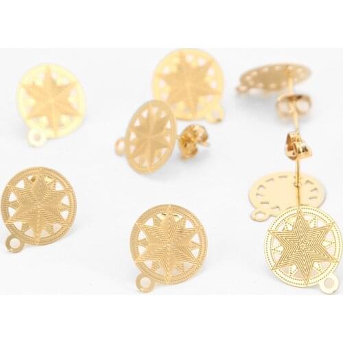 20pcs/lot 13.5mm Gold tone star Stainless Steel Earring Studs round W/ Stoppers Wedding Earring DIY Accessories