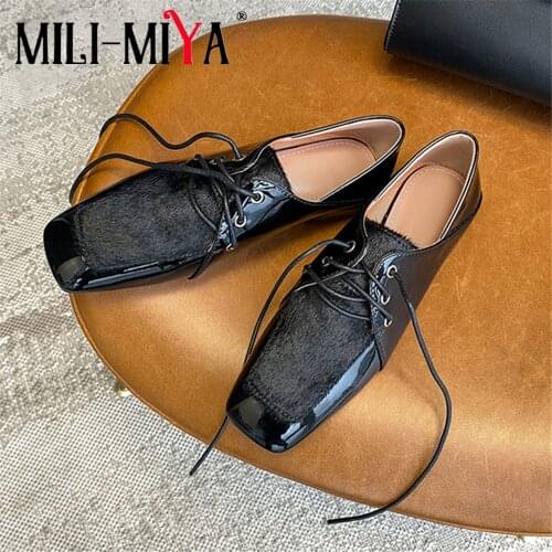 MILI-MIYA Fashion Lace Up Square Toe Women Patent Leather Pumps Horse Hair Thick Heels Office Career Shoes Size 34-40 For Ladies