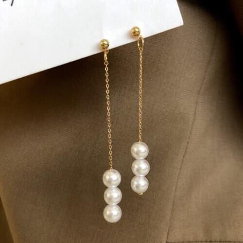 Fashion Long Tassel Simulated Pearl Clip Earrings for women girl Simple exquisite Snake Chain Pendant Ears Clip Brincos Bijoux