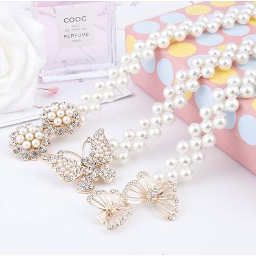 Fashion Women Pearl Belt Butterfly Bowknot Rhinestone Elastic Waist Chain Belt Female Lady Dress Waistband