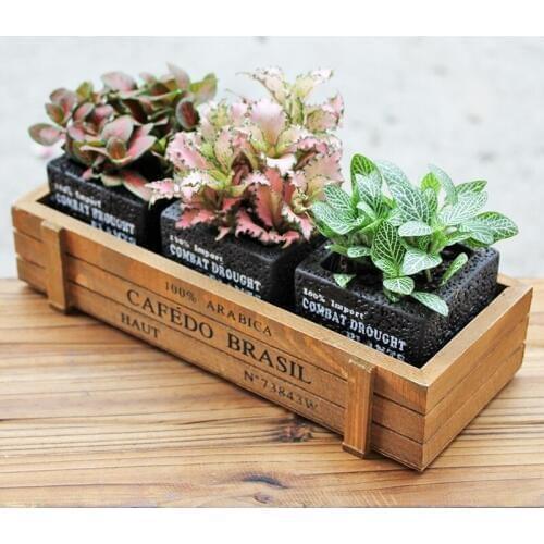 Set of 3 Black Cement Flowerpots Cube Succulent Plant Pots Mini Bonsai Planter with 1 Brown Wooden Box (3 Pots + 1 Box)