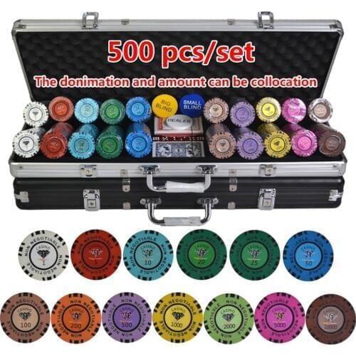 100-500PCS/SET Diamond Poker Chips Sets Clay Casino Chips Poker Sets With Metal Box&Dealer&Dice&Table Cloth&Poker Card 13.5g/pcs