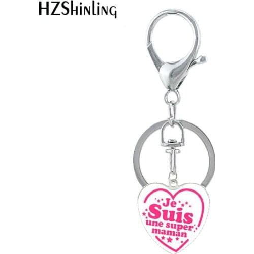 2020 New Fashion Heart Keychain Je suis une Super Maman Keyring Best Gifts Jewelry Glass Pendants Super Mamie Keyring for Women