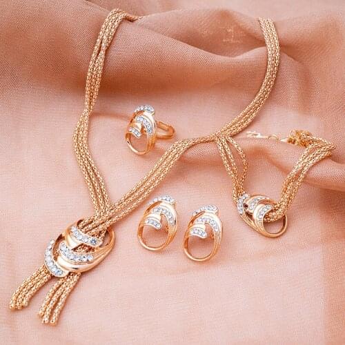 New Arrival Golden Swirl Shape Jewelry Sets Necklace Earring Bracelet Ring Fashion Jewelry with Crystal For Women Wedding Gift