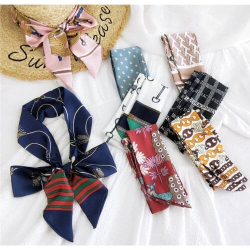 2021 New Designer Japanese Scarfs Small Long Neckerchief Satin Silk Scarf For Women Wrist Bag Ribbon Waistband Hair Band 7X145CM