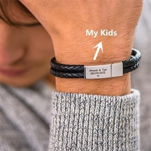 Personalized Stainless Steel Magnetic Clasps Bracelets Custom Made ID Name Braided Rope Genuine Leather Women Men Bracelet Gift