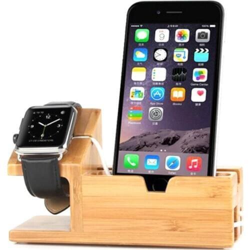 For Iphone Charging Dock Stand Station Charger Holder For Apple Watch iWatch Wooden Desktop Charging Stand Bamboo Base Bracket