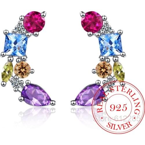 Rainbow Silver Stud Earring 100% 925 Sterling Silver Colorful Zircon Crystal Earrings for Women Gift for Girl Statement Jewelry