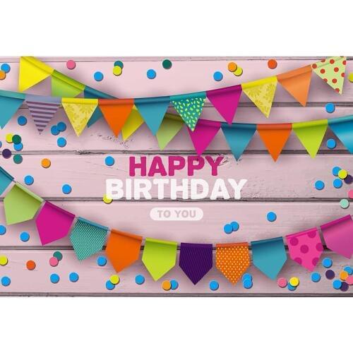 Pink Wooden Board With Colourful Spots Photography Background Cartoon Pennants And Five-corner Flag Backdrop For Birthday Party
