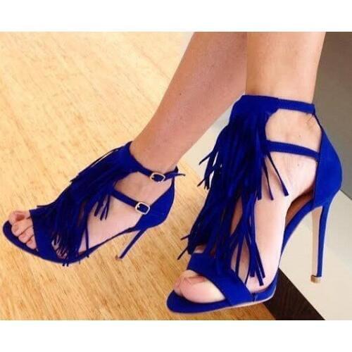 Hot selling pure color double ankle buckle strap high heel sandals fashion ankle wrap tassel embellished stiletto heel sandals