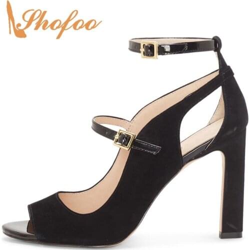 Summer Shofoo Women Lady Solid Black Flock Pumps Buckle Strap Peep Toe Super High Square Thick Heels Office&Career Mature Adult