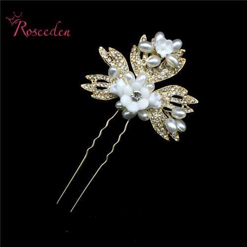 1 pc Handmade Wedding Hair Pins Hair-stick Bridal Accessories Gold Pearl Leaf Crystal Bridal Hair Comb Accessories RE3069