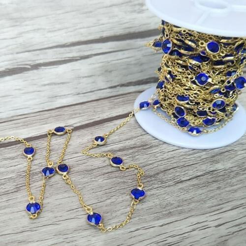 Handcrafted Gold color jewelry Finding,royalblue glass crystal Beaded Chains,DIY necklace hand chain jewelry making LZ57