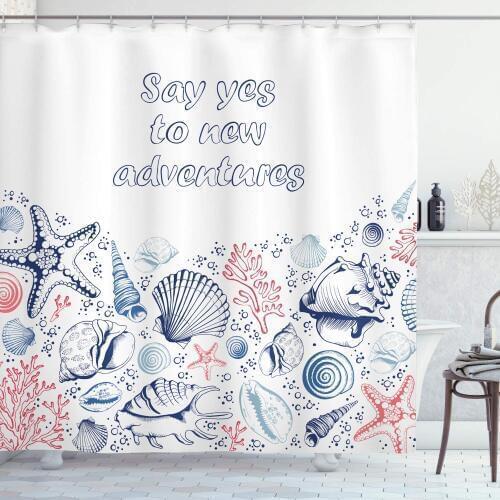 Adventure Shower Curtain Underwater Marine Wildlife Theme Seashells Corals and Starfishes Bathroom Decor Set with Hooks 70" Long