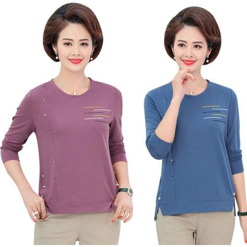Autumn Tee Middle Aged Women Clothing Plus Size T-Shirts Pullover O-Neck Printed Mother Long Sleeve Tops 5XL