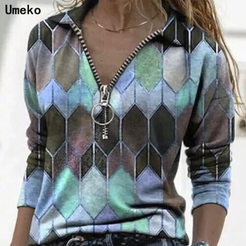 Umeko Vintage Rhombus Print Button Shirt Blouse Autumn Zipper Turn-Down Collar Office Lady Shirts Tops Casual Women Loose Blusas