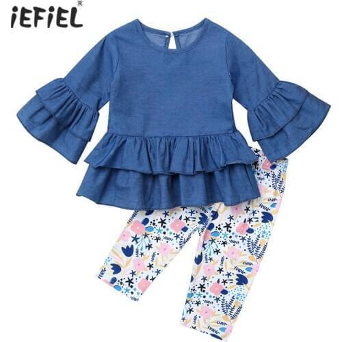 2Pcs 2021 Spring Autumn Clothes Toddler Girl Clothing Sets Long Sleeve Ruffle Denim Tops and Floral Pattern Pant Set Outfit