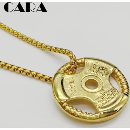 2019 New 316L stainless steel gym body built dumbbell pendant necklace Gold color fashion sporting men charm necklace CARA0311