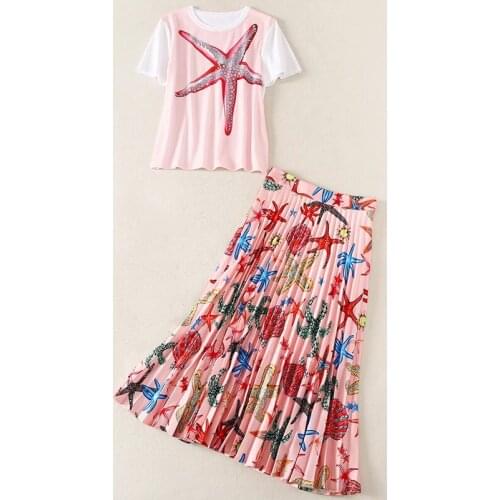 2021 Fashion Designer Autumn Skirt Set Women Starfish printed T-shirt+High Waist Pleated Skirt Casual Two Pieces Set