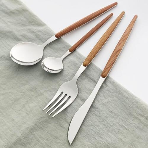 24Pcs Glossy Cutlery Set Wooden Handle Dinnerware Stainless Steel Tableware Knives Forks Tea Spoon Silverware Party Flatware Set
