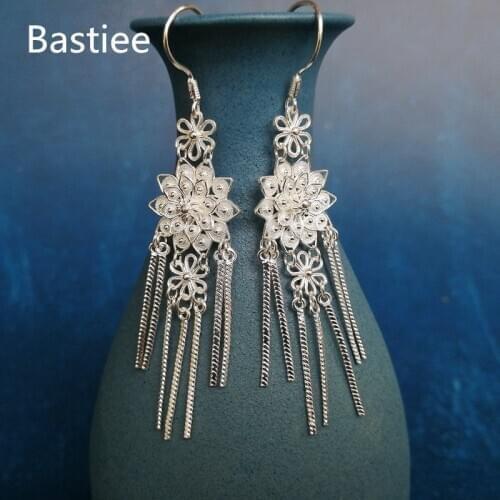 Bastiee 999 Sterling Silver Flower Tassel Earrings For Women Luxury Jewelry Handmade Dangle Earing Hmong Vintage Ethnic Ear Ring