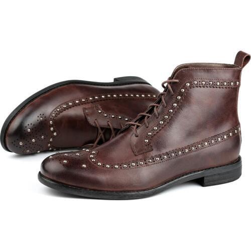 Vintage Retro Mens Cow Genuine Leather Lace Up Motorcycle Biker Boots Round Toe Male Ankle Boots Low Heel Wing Tip Brogue Shoes