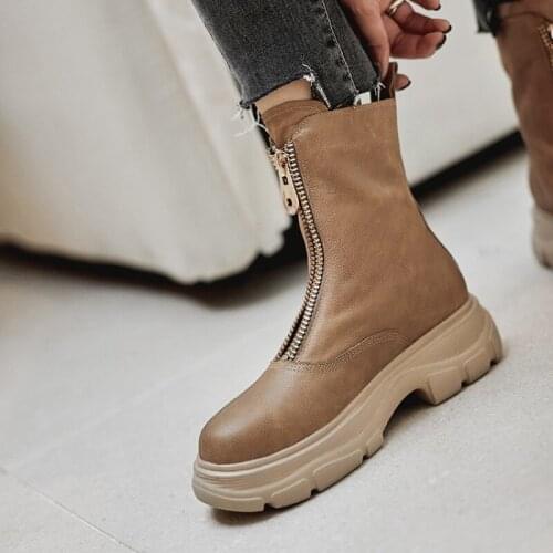 HOT Women Ankle Boots Cowhide Upper Shoes Autumn and Winter Ladies Boots Vintage Front Zipper Short Snow Boots Platform Shoes