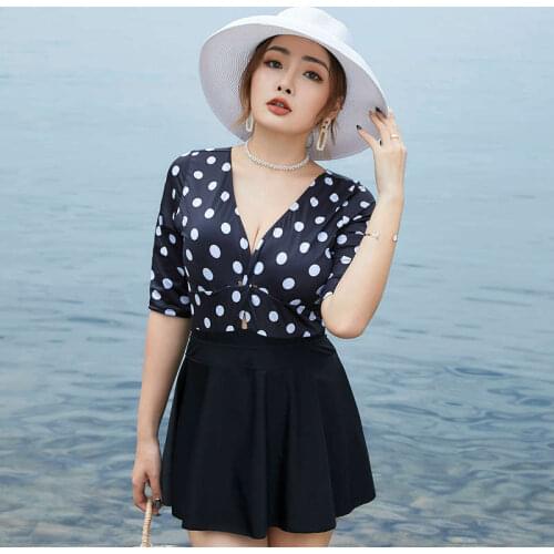 Large Size Swimsuit Conservative Skirt Cover Belly High Waist Slimming Korean Hot Spring Black And White Polka Dot Printing Suit