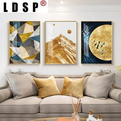 LDSP Modern Abstract Mountain Moon landscape Canvas Painting Golden Wall Art Poster Print Picture Living Room Home Decoration
