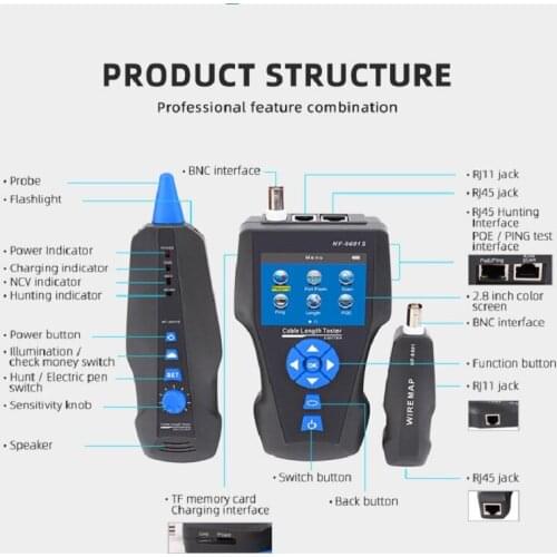 NOYAFA NF-8601S Network Cable Tester Multifunction TDR Length With PoE/PING/Port Voltage Wiremap Tracker Diagnose Tool Detector