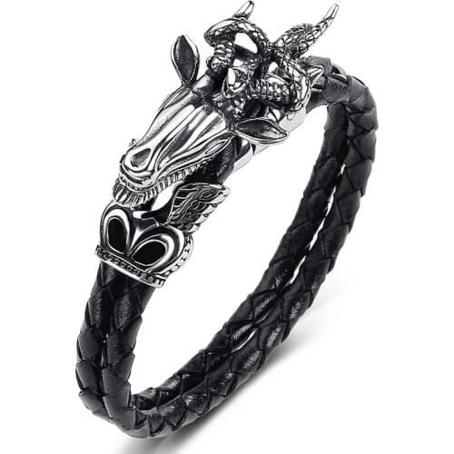 Fashion Double Braided Leather Rope Bracelet Men Stainless Steel Sheep Head Bangles Punk Jewelry Male Wristband Party Gifts P551